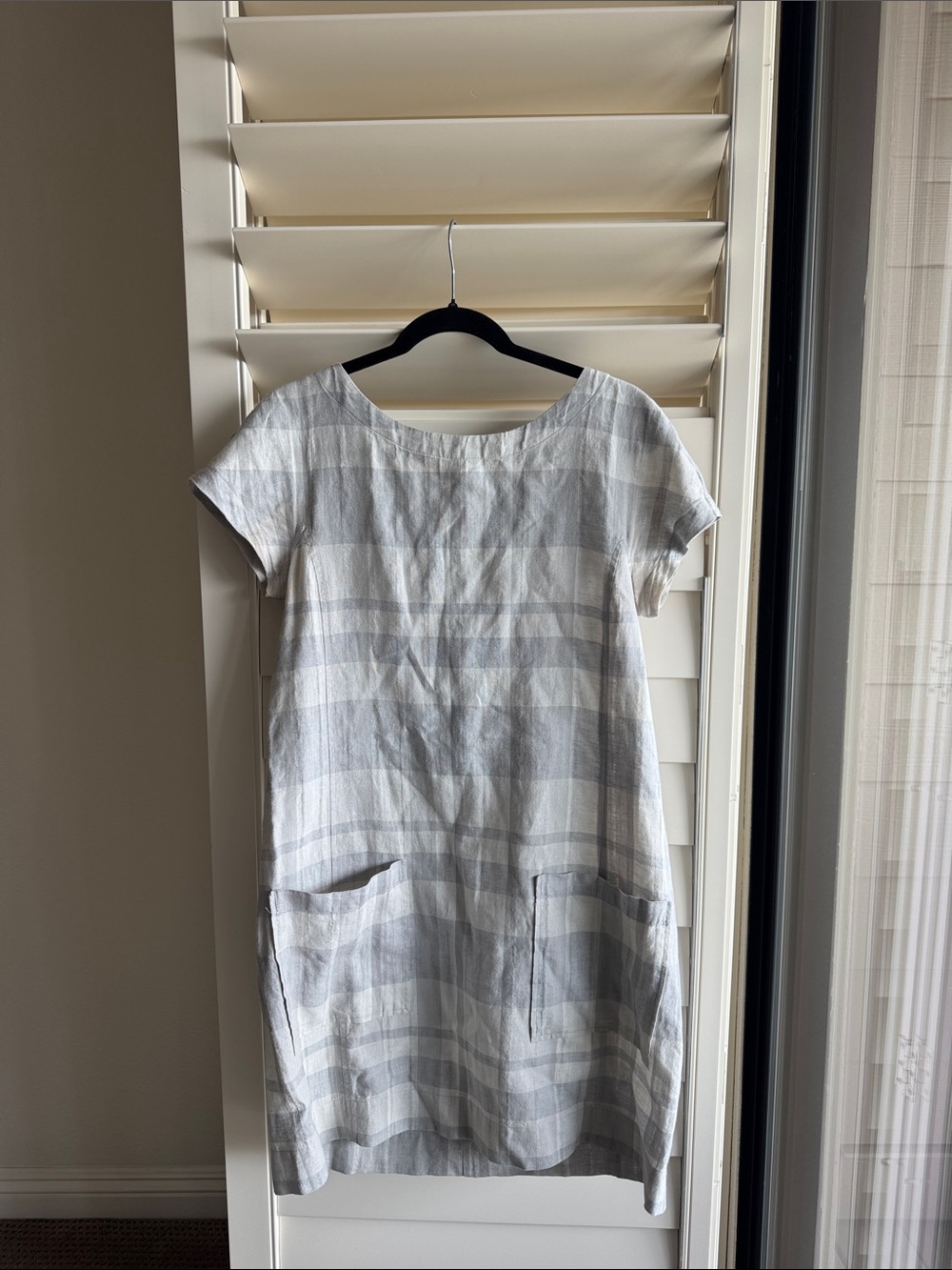 Eileen Fisher Light Gray Plaid Linen Shift Dress! 🤍🩶🤍🩶
